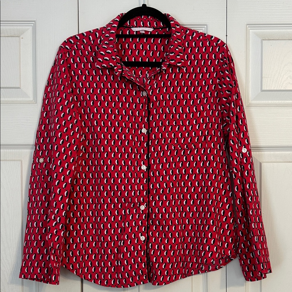 VICTORIA'S SECRET Red White Black Penguin Button Down Pajama Shirt Medium Cotton